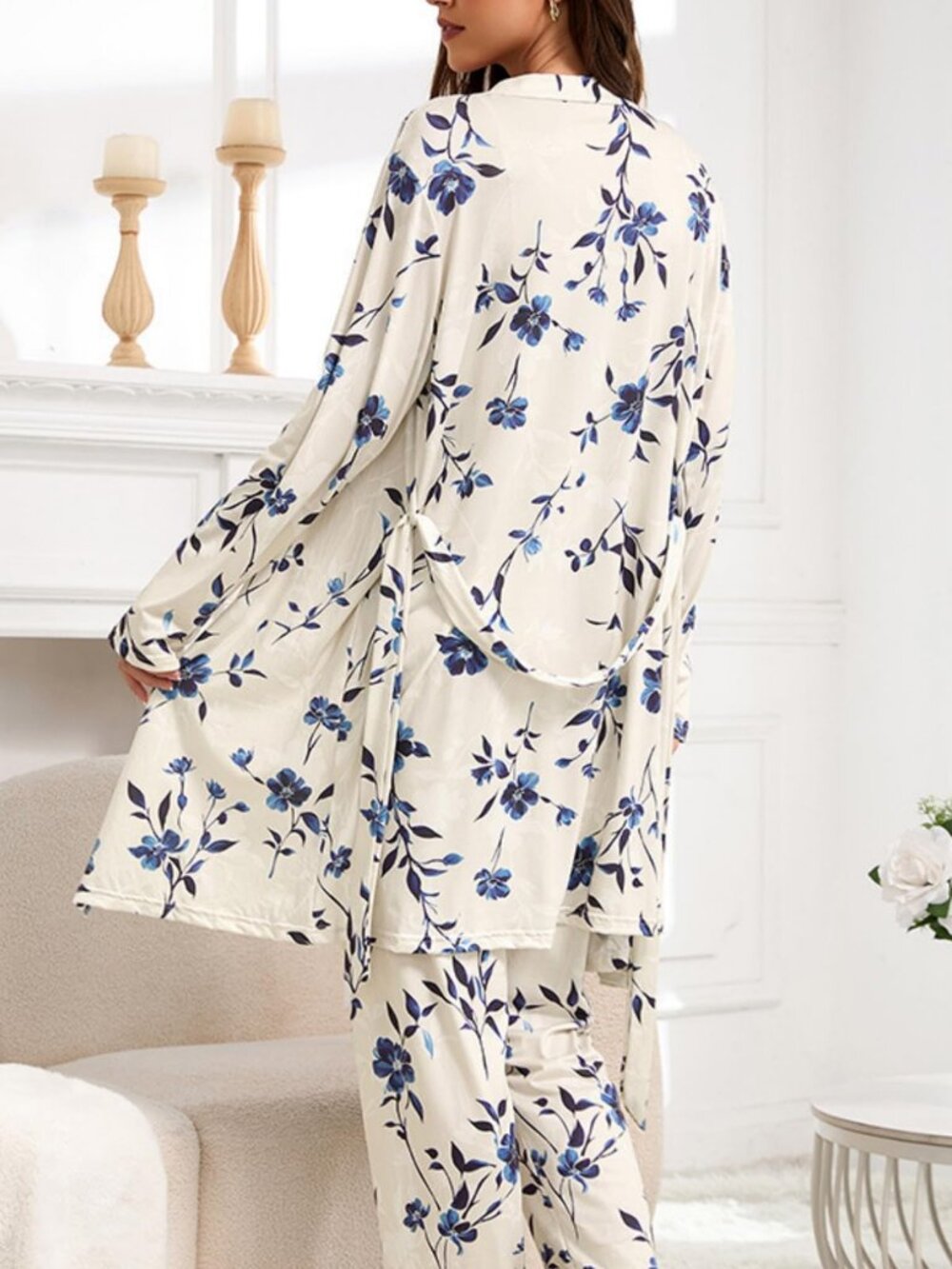 Women's 3-Piece Floral Pajama Set with Robe and Wide Leg Sleepwear Pants - Picture 4 of 5